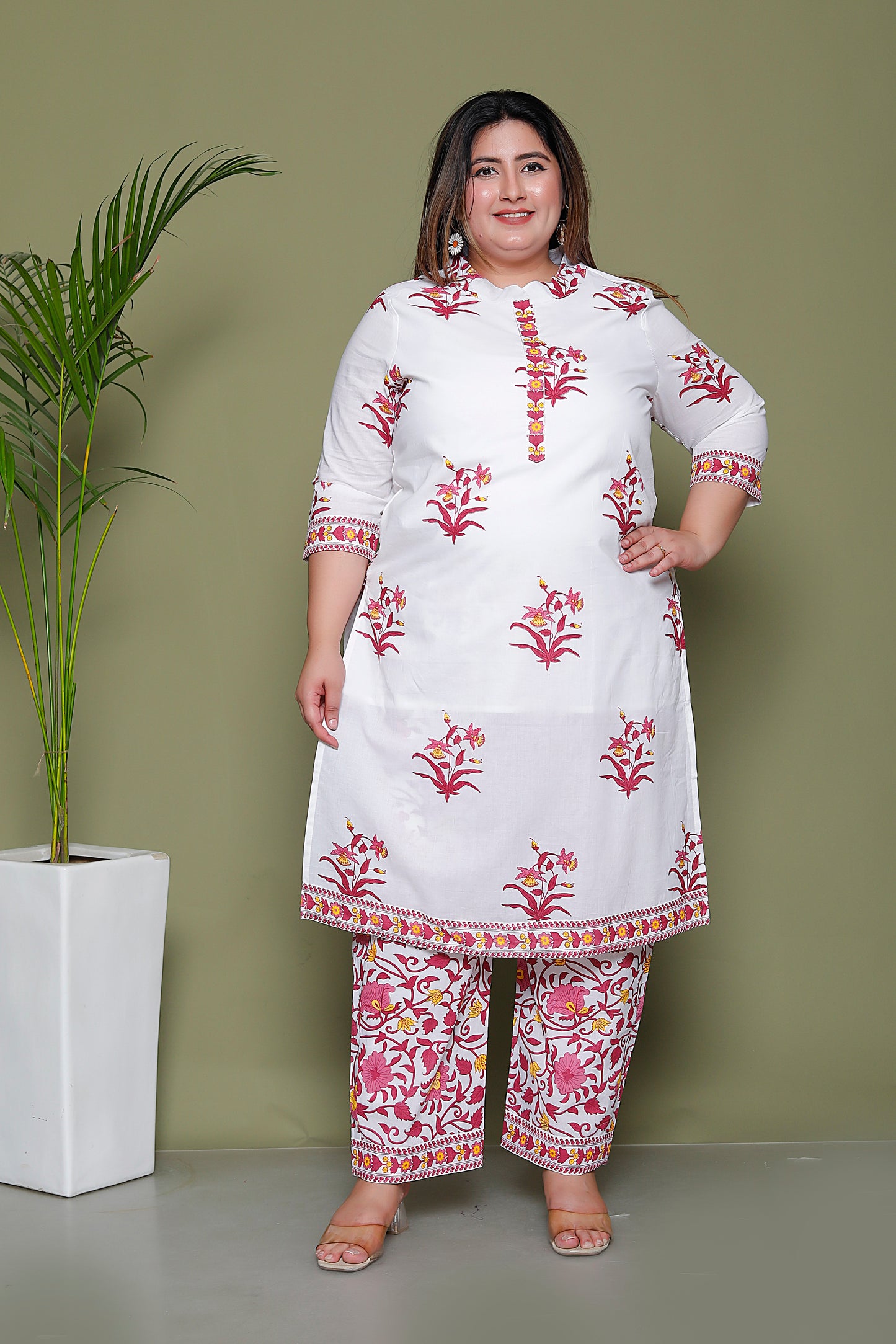 MUGHAL PRINT COTTON 3 PEICE KURTI PANT SET IN WHITE/PINK BY PLUSSIZEKURTI