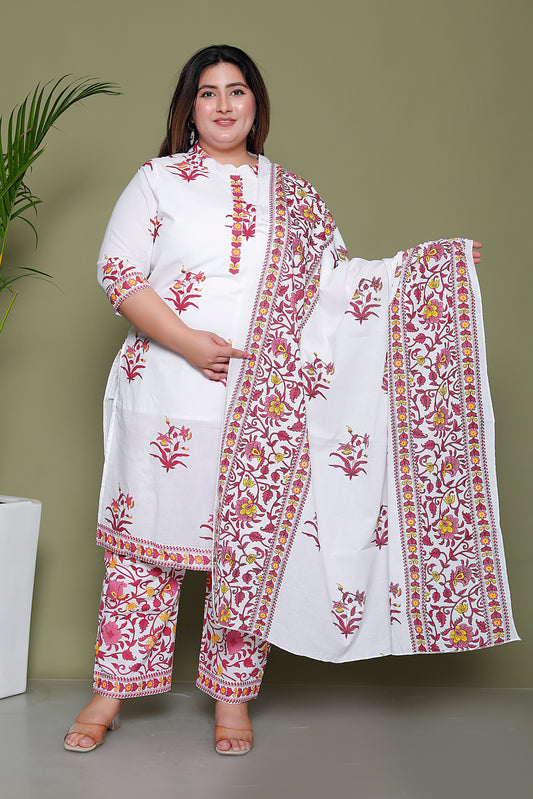 MUGHAL PRINT COTTON 3 PEICE KURTI PANT SET IN WHITE/PINK BY PLUSSIZEKURTI