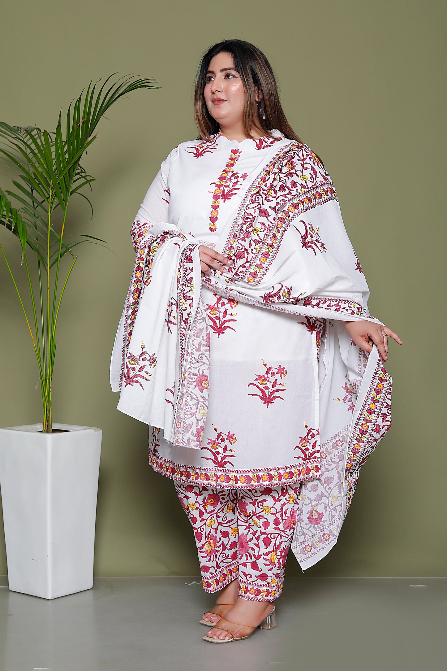 MUGHAL PRINT COTTON 3 PEICE KURTI PANT SET IN WHITE/PINK BY PLUSSIZEKURTI
