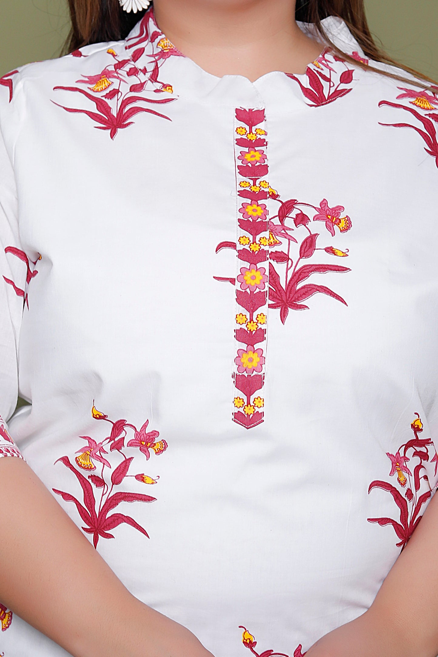 MUGHAL PRINT COTTON 3 PEICE KURTI PANT SET IN WHITE/PINK BY PLUSSIZEKURTI