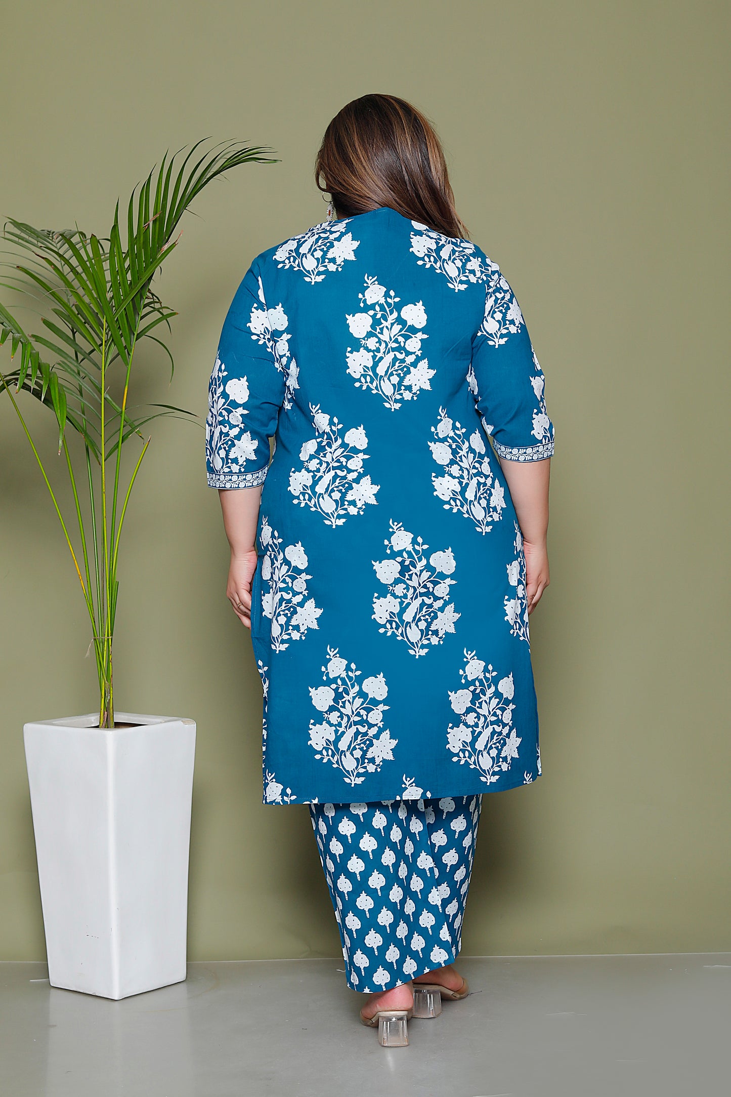 BAGRU HANDBLOCK PRINT COTTON 3 PEICE KURTI PANT SET IN TEALBLUE BY PLUSSIZEKURTI