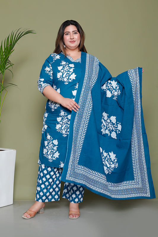 BAGRU HANDBLOCK PRINT COTTON 3 PEICE KURTI PANT SET IN TEALBLUE BY PLUSSIZEKURTI