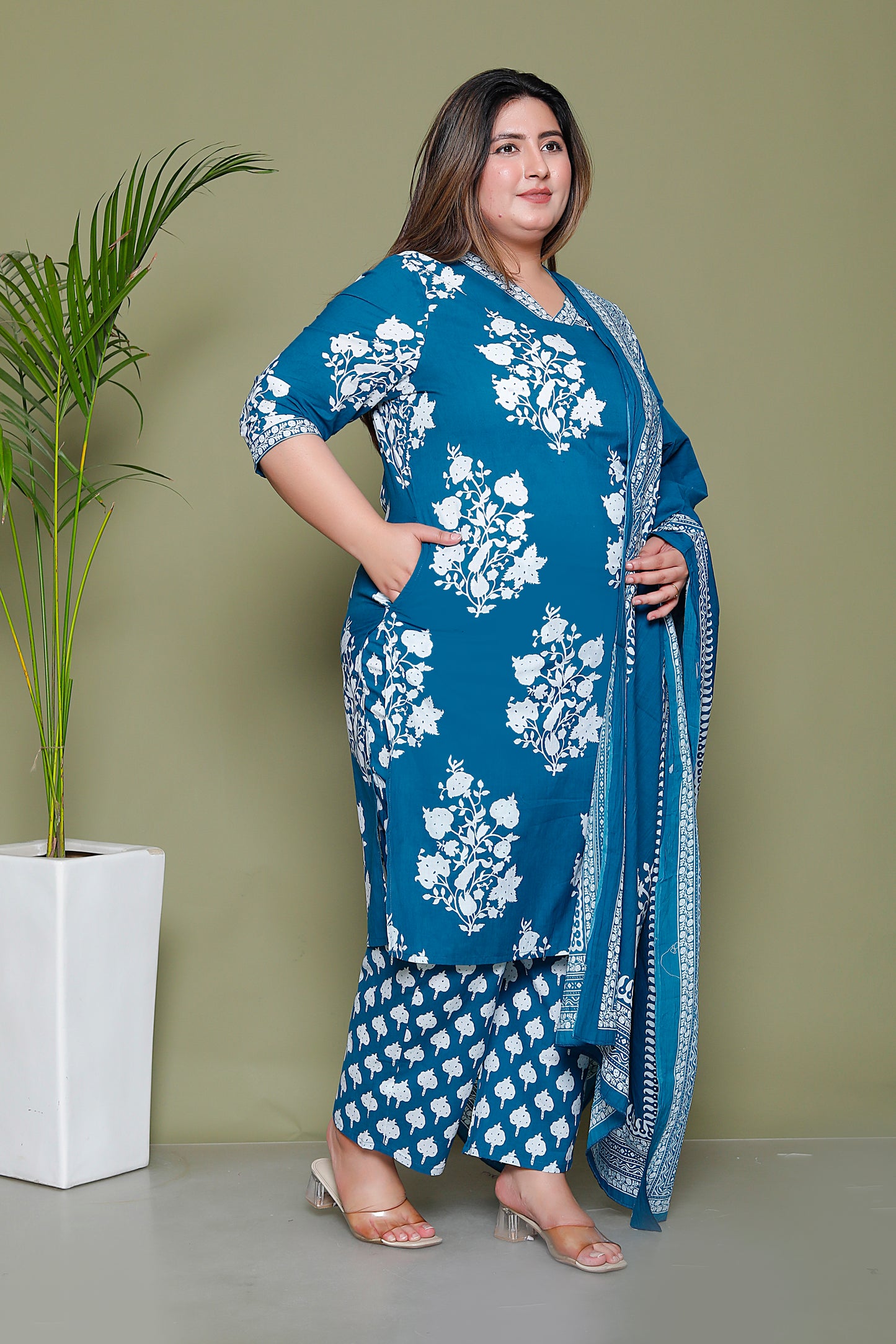 BAGRU HANDBLOCK PRINT COTTON 3 PEICE KURTI PANT SET IN TEALBLUE BY PLUSSIZEKURTI