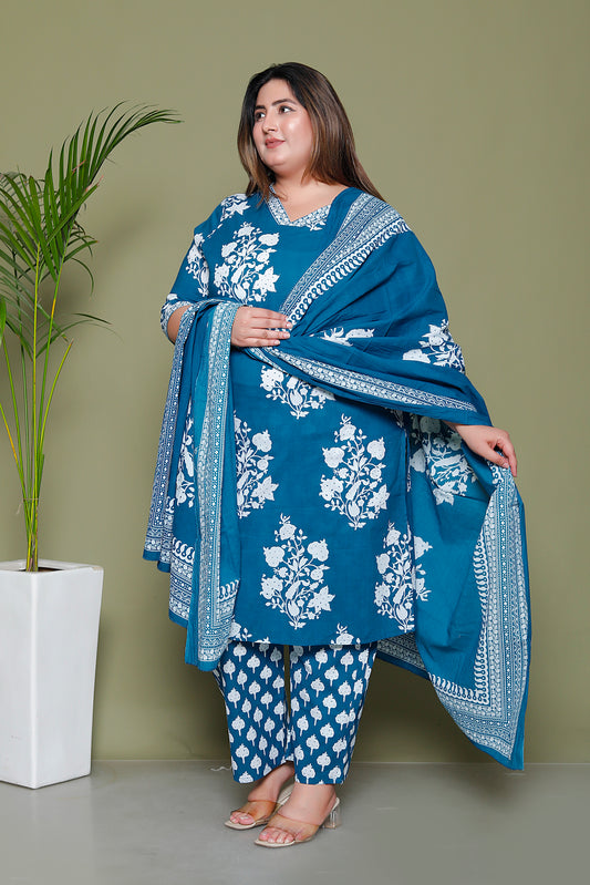 BAGRU HANDBLOCK PRINT COTTON 3 PEICE KURTI PANT SET IN TEALBLUE BY PLUSSIZEKURTI