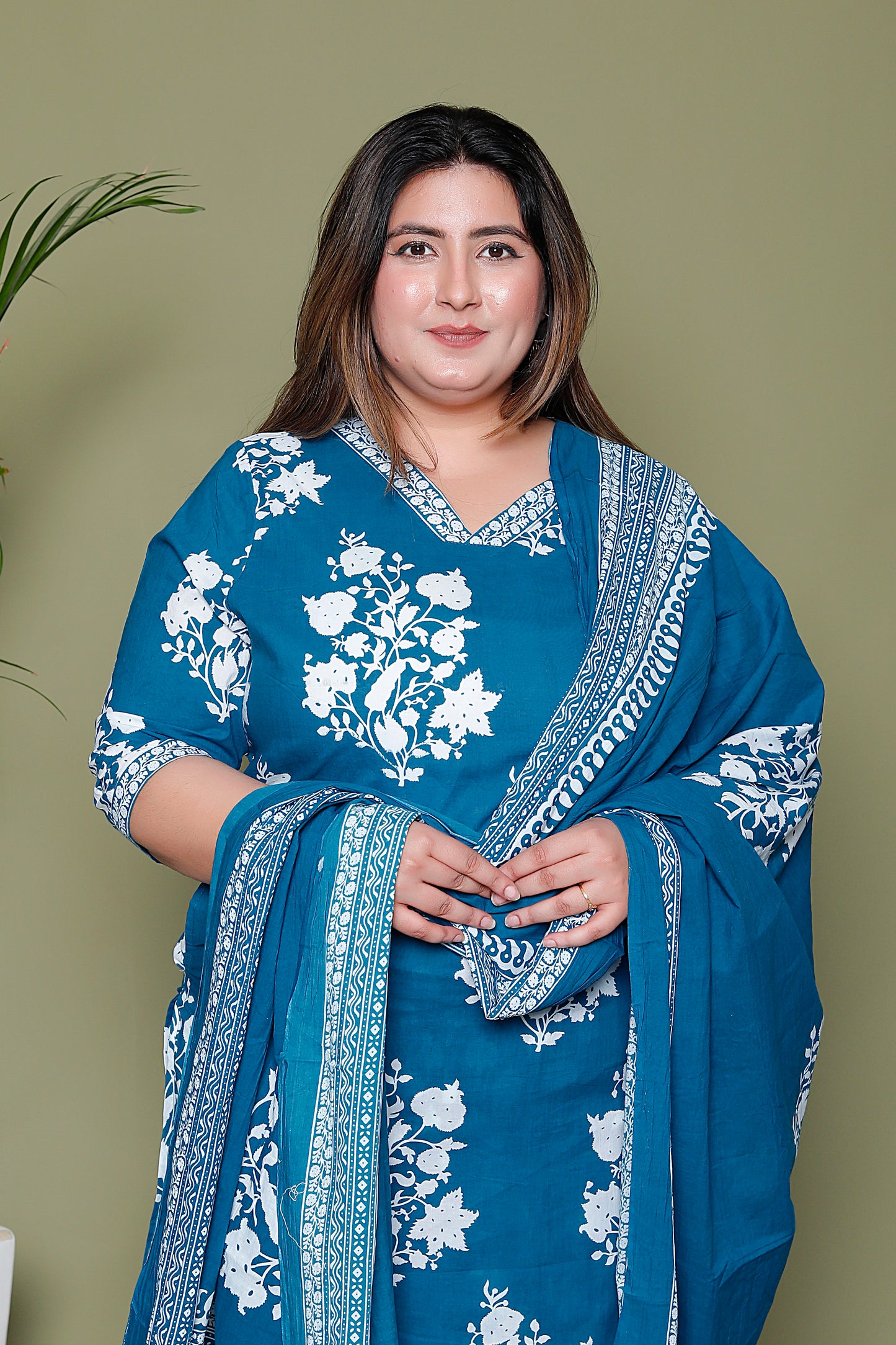 BAGRU HANDBLOCK PRINT COTTON 3 PEICE KURTI PANT SET IN TEALBLUE BY PLUSSIZEKURTI