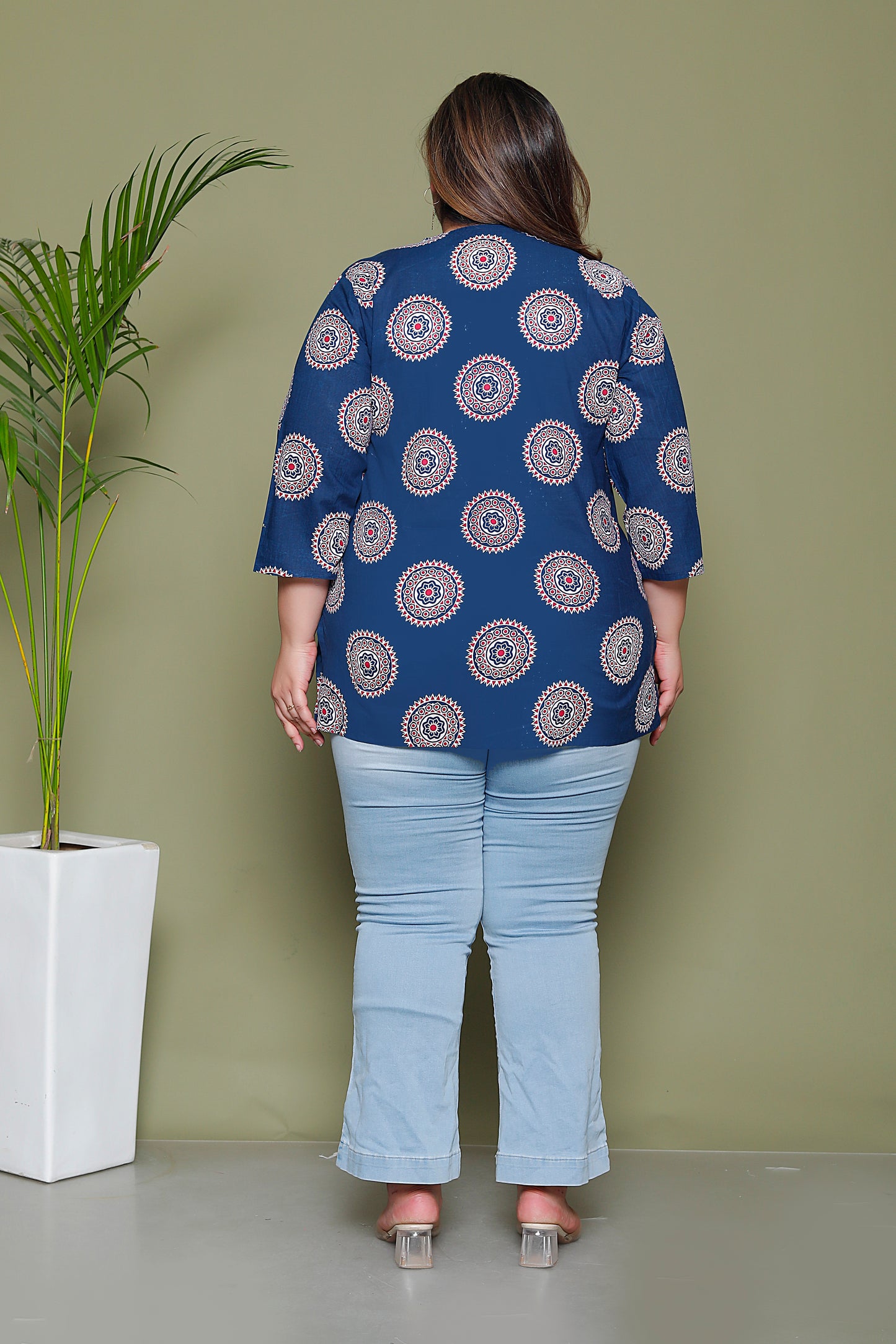 MANDALA CIRCLE PRINT COTTON TOP IN BLUE COLOUR BY PLUSSIZEKURTI