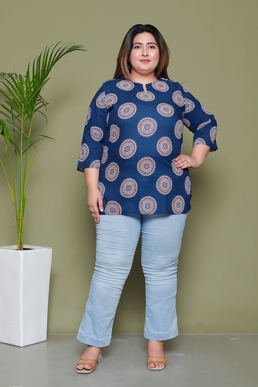 MANDALA CIRCLE PRINT COTTON TOP IN BLUE COLOUR BY PLUSSIZEKURTI