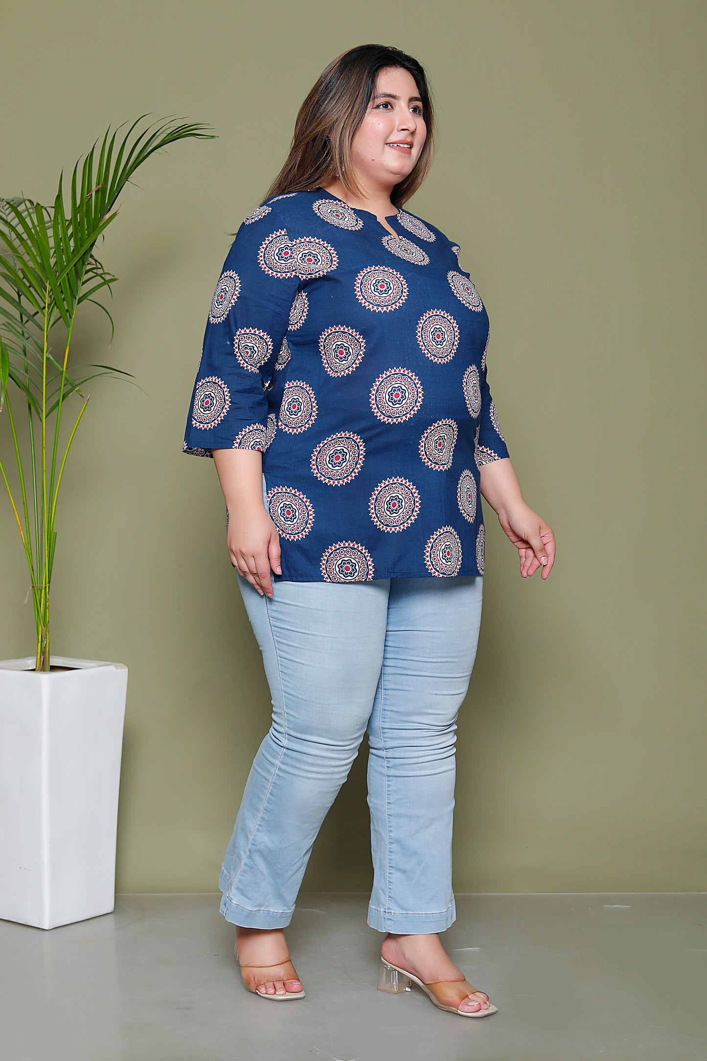 MANDALA CIRCLE PRINT COTTON TOP IN BLUE COLOUR BY PLUSSIZEKURTI