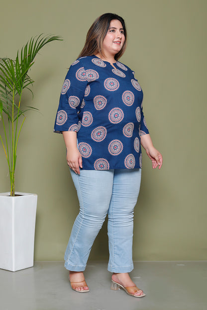 MANDALA CIRCLE PRINT COTTON TOP IN BLUE COLOUR BY PLUSSIZEKURTI