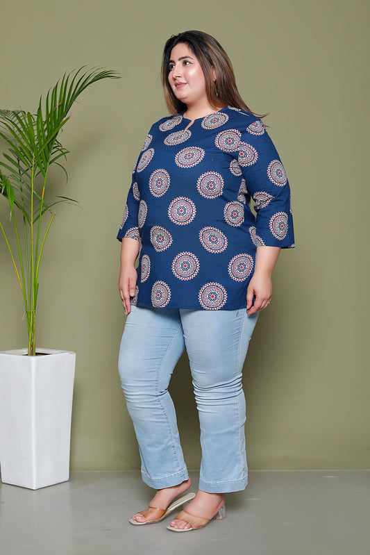MANDALA CIRCLE PRINT COTTON TOP IN BLUE COLOUR BY PLUSSIZEKURTI