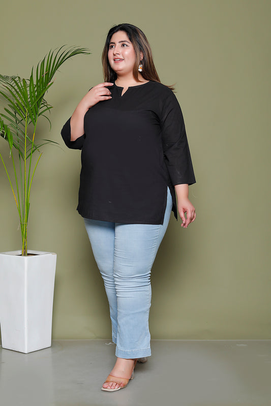 SOLID COTTON TOP IN BLACK COLOUR BY PLUSSIZEKURTI