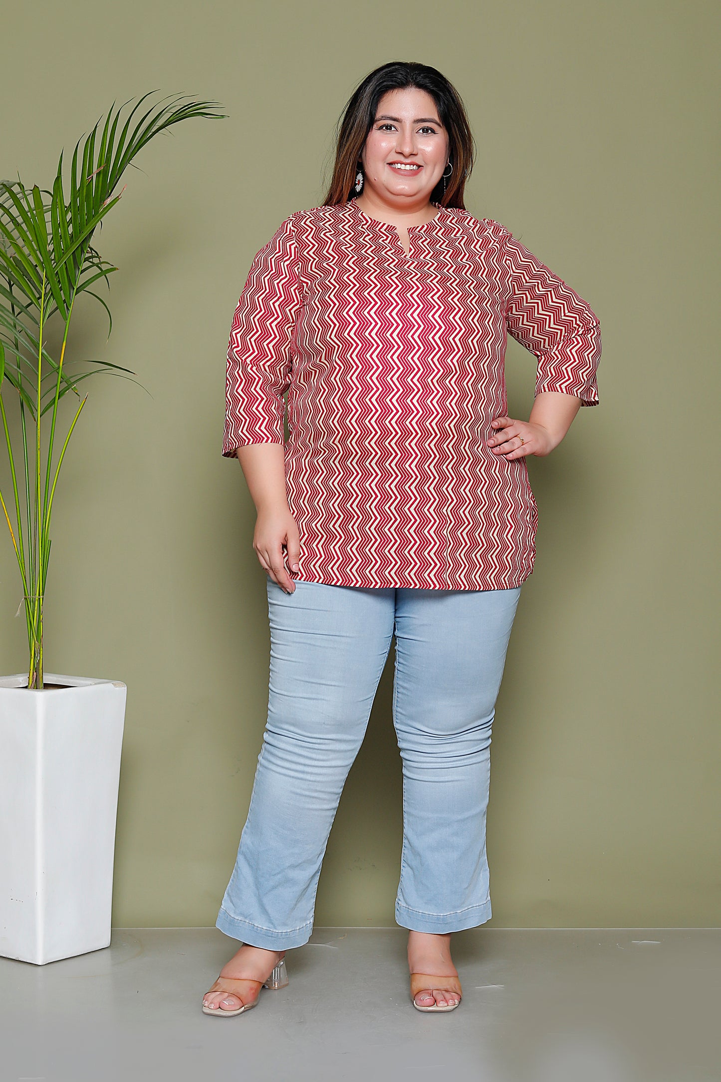 CHEVRON ZIGZAG PRINT COTTON TOP IN RED RUST COLOUR BY PLUSSIZEKURTI