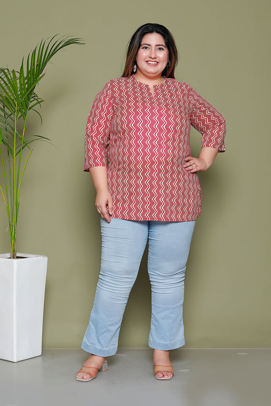 CHEVRON ZIGZAG PRINT COTTON TOP IN RED RUST COLOUR BY PLUSSIZEKURTI