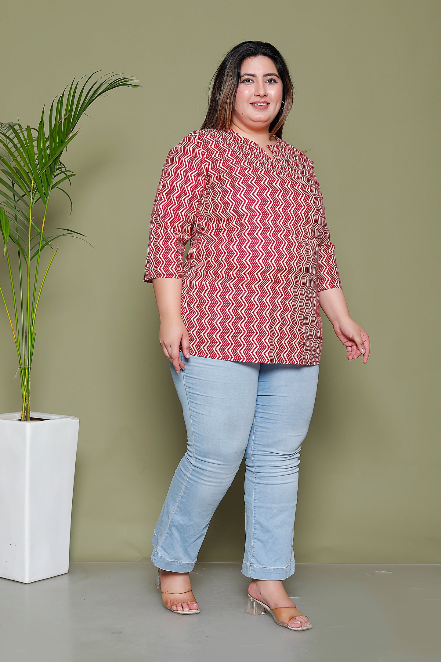 CHEVRON ZIGZAG PRINT COTTON TOP IN RED RUST COLOUR BY PLUSSIZEKURTI