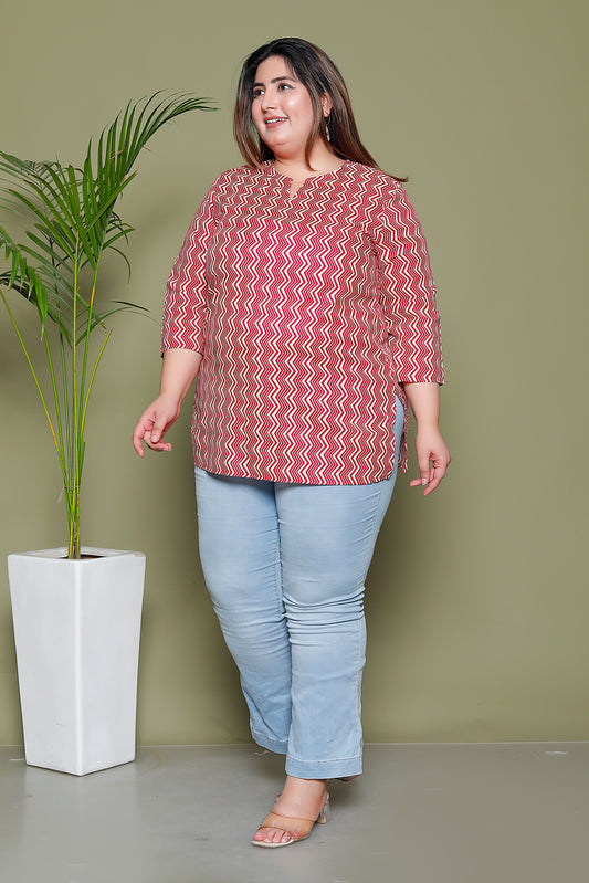 CHEVRON ZIGZAG PRINT COTTON TOP IN RED RUST COLOUR BY PLUSSIZEKURTI