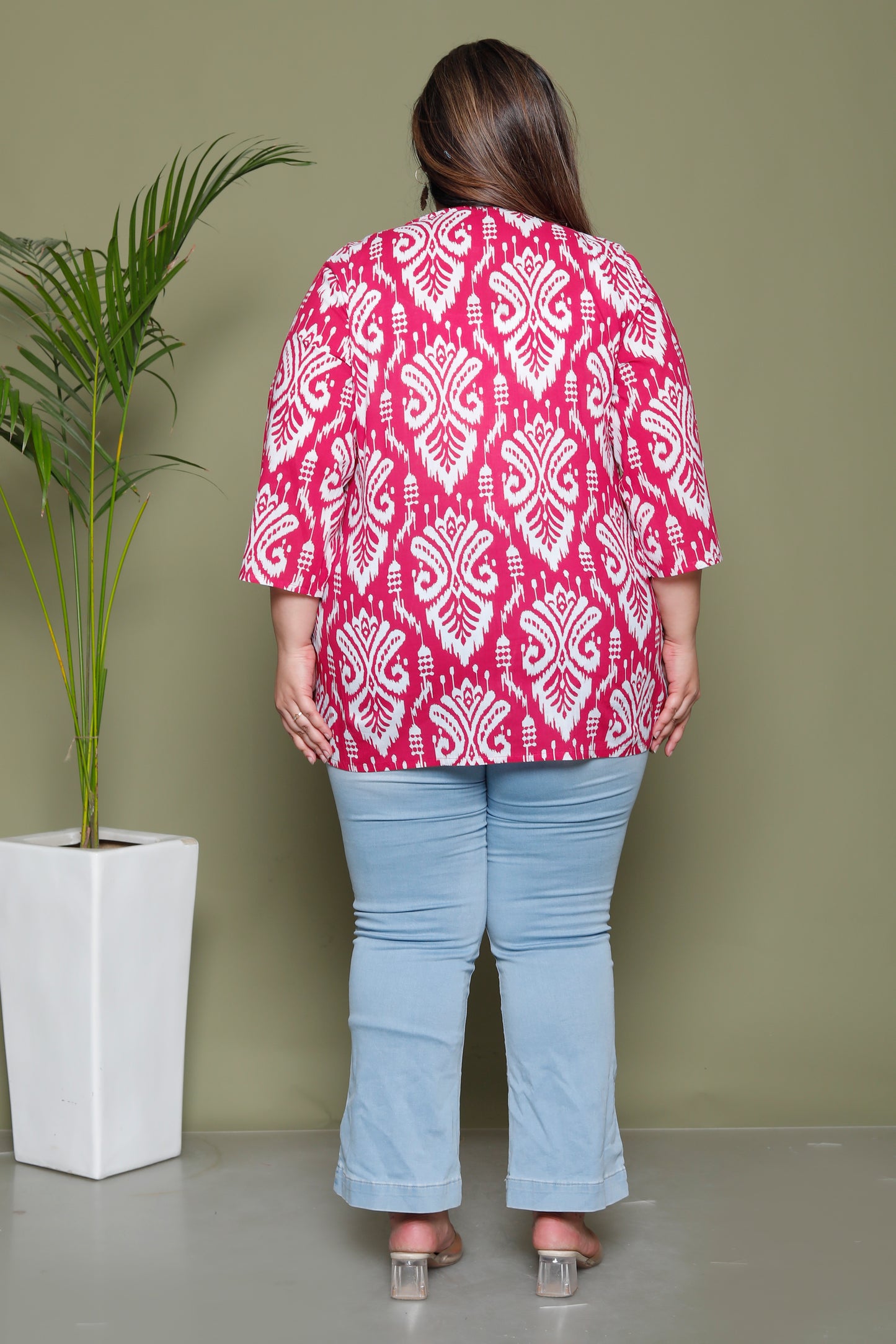 IKKAT PRINT COTTON TOP IN RANIPINK COLOUR BY PLUSSIZEKURTI