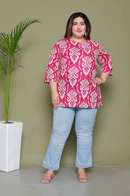 IKKAT PRINT COTTON TOP IN RANIPINK COLOUR BY PLUSSIZEKURTI