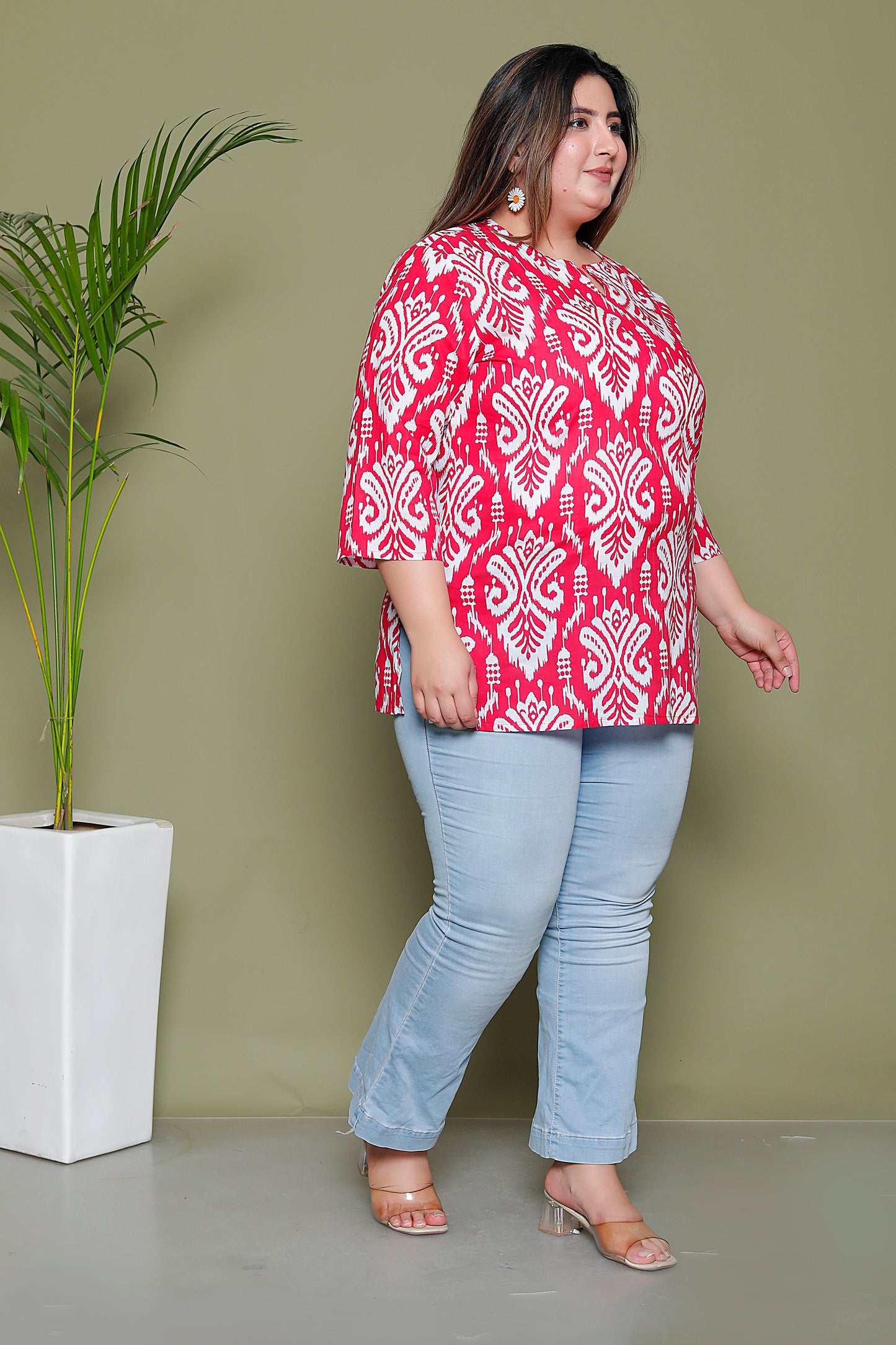 IKKAT PRINT COTTON TOP IN RANIPINK COLOUR BY PLUSSIZEKURTI