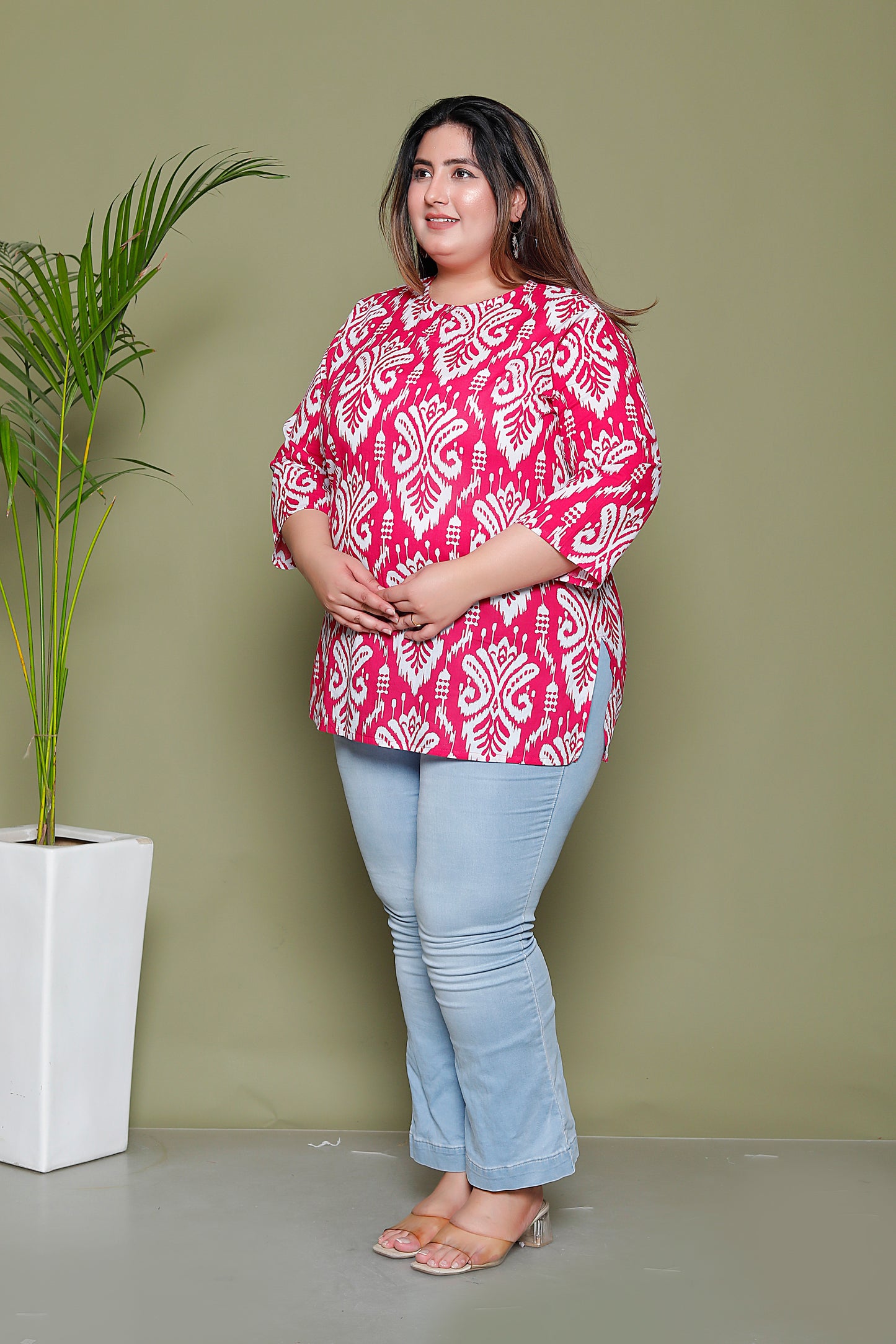 IKKAT PRINT COTTON TOP IN RANIPINK COLOUR BY PLUSSIZEKURTI