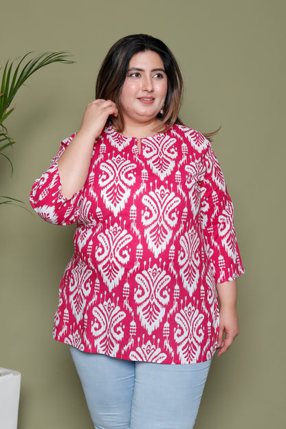 IKKAT PRINT COTTON TOP IN RANIPINK COLOUR BY PLUSSIZEKURTI