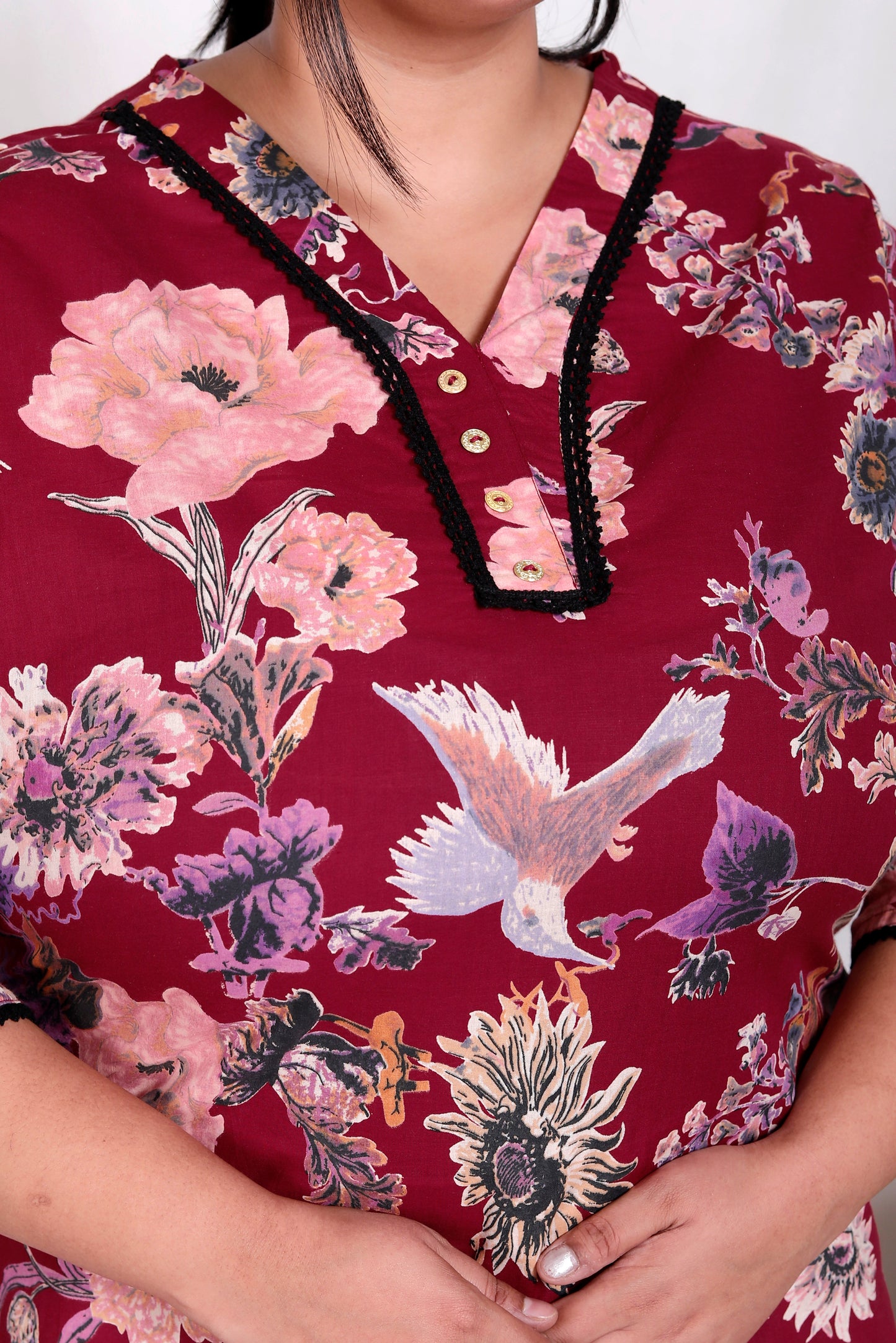 FLORAL BIRD PRINT LACE WORK COTTON TOP IN WINE RED COLOUR BY PLUSSIZEKURTI