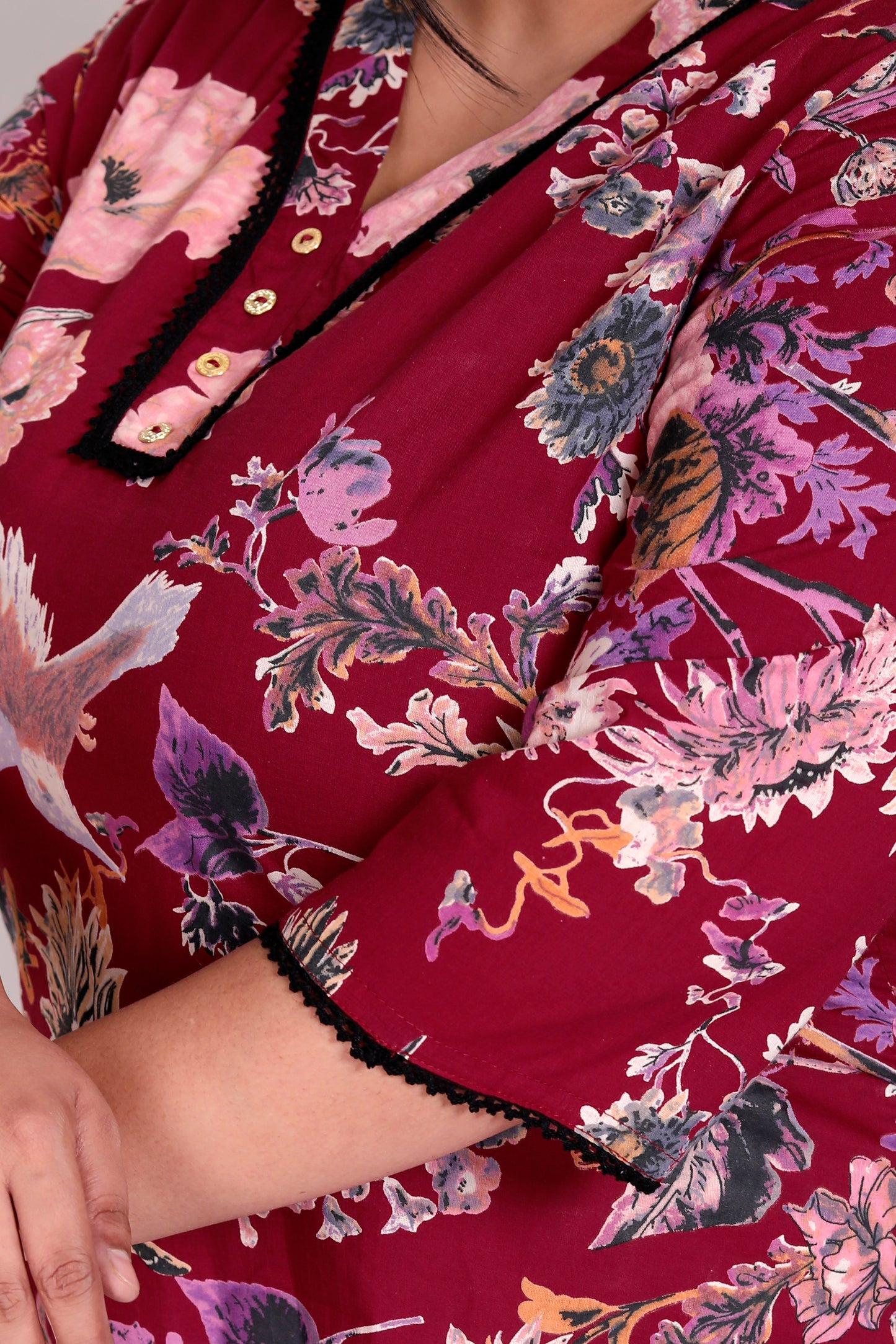 FLORAL BIRD PRINT LACE WORK COTTON TOP IN WINE RED COLOUR BY PLUSSIZEKURTI