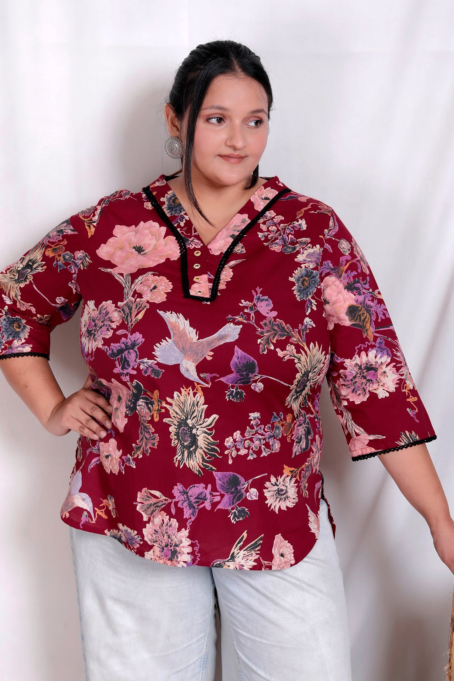 FLORAL BIRD PRINT LACE WORK COTTON TOP IN WINE RED COLOUR BY PLUSSIZEKURTI