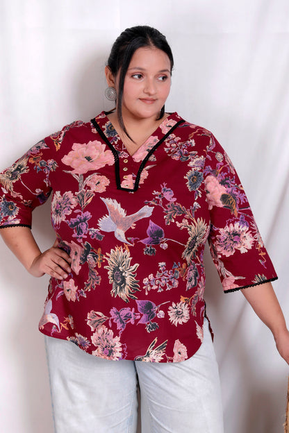 FLORAL BIRD PRINT LACE WORK COTTON TOP IN WINE RED COLOUR BY PLUSSIZEKURTI