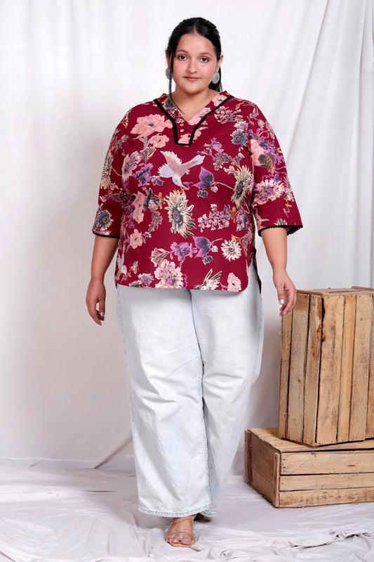 FLORAL BIRD PRINT LACE WORK COTTON TOP IN WINE RED COLOUR BY PLUSSIZEKURTI