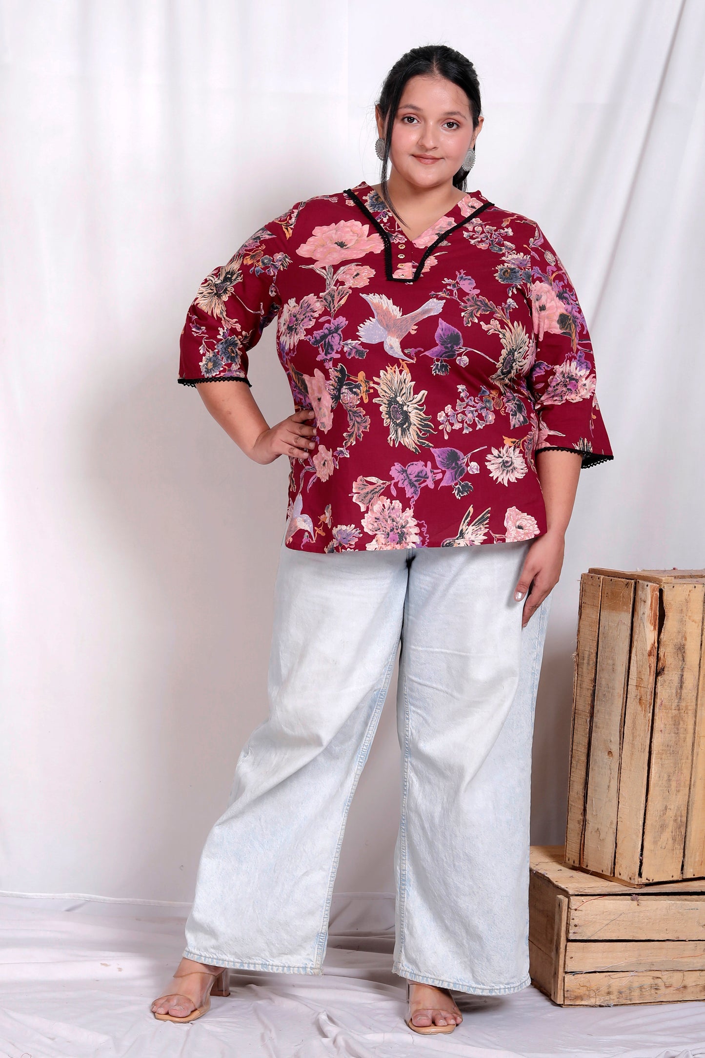FLORAL BIRD PRINT LACE WORK COTTON TOP IN WINE RED COLOUR BY PLUSSIZEKURTI