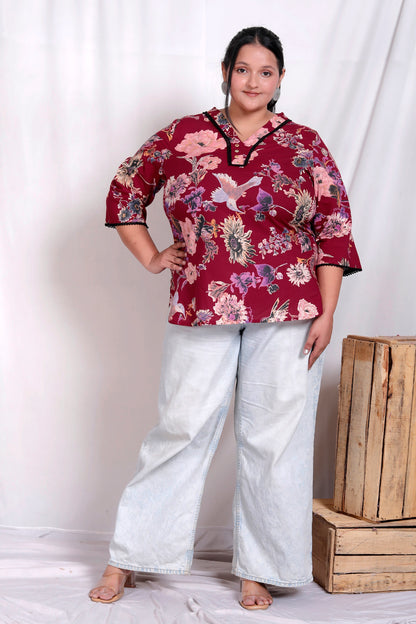 FLORAL BIRD PRINT LACE WORK COTTON TOP IN WINE RED COLOUR BY PLUSSIZEKURTI