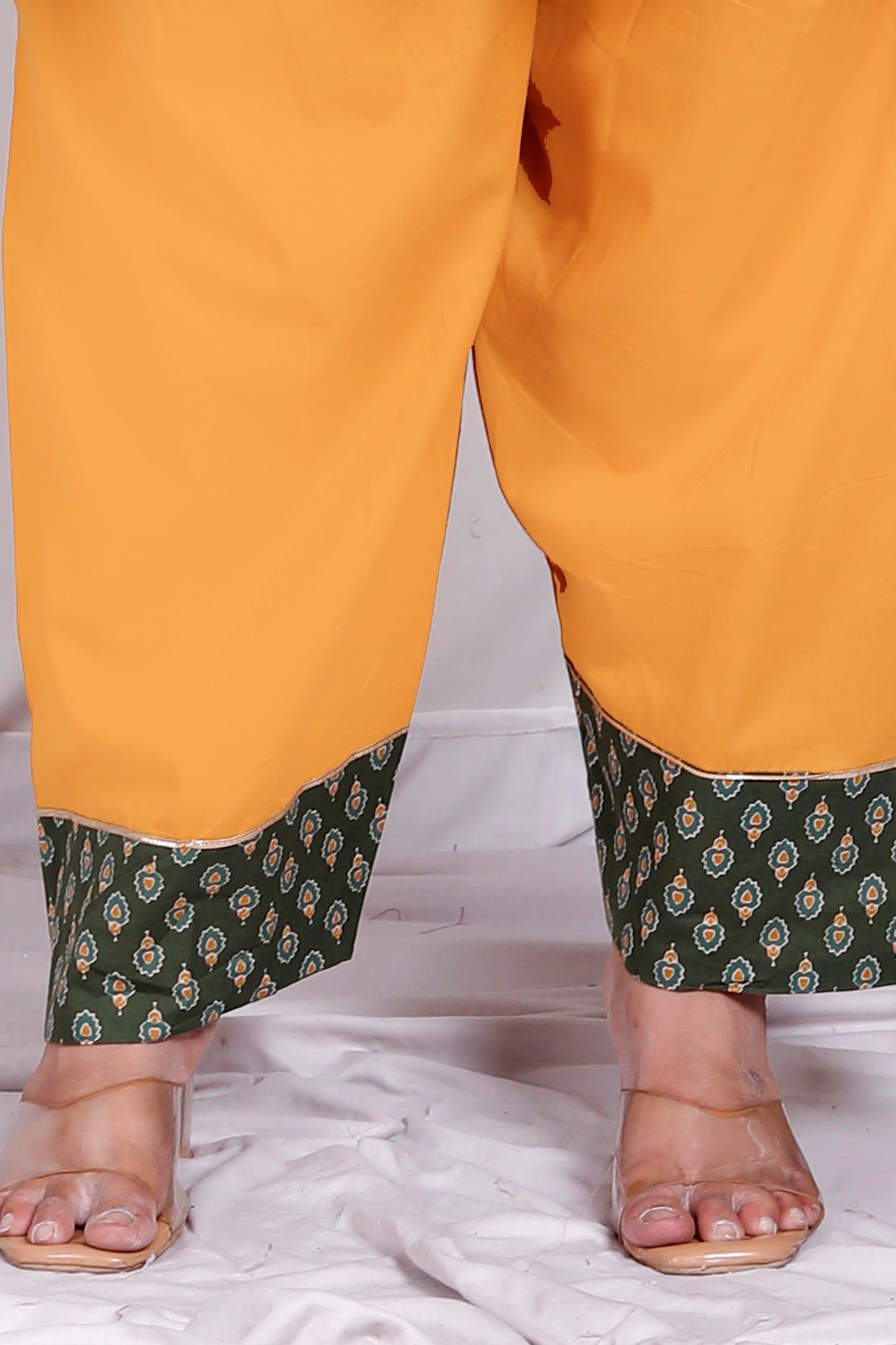 BLOCK BUTTY PRINT COTTON 3 PEICE KURTA FARSI IN GREEN/YELLOW BY PLUSSIZEKURTI