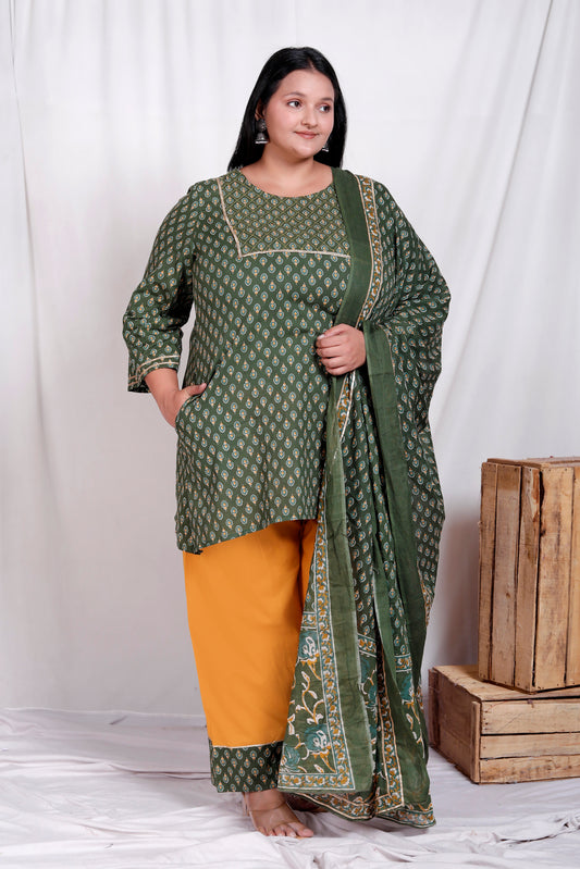 BLOCK BUTTY PRINT COTTON 3 PEICE KURTA FARSI IN GREEN/YELLOW BY PLUSSIZEKURTI