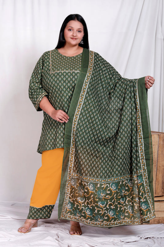 BLOCK BUTTY PRINT COTTON 3 PEICE KURTA FARSI IN GREEN/YELLOW BY PLUSSIZEKURTI