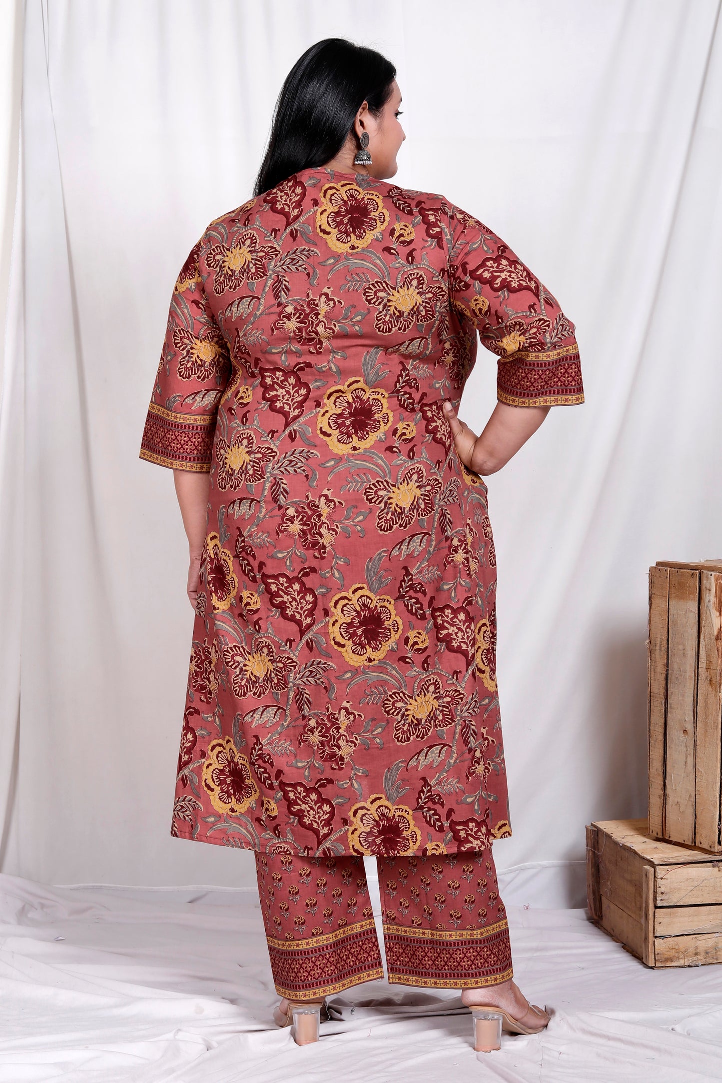 FLORAL BLOCK PRINT HAND TOUCHING COTTON 3 PEICE KURTA PANT IN RUSTY ROSE BY PLUSSIZEKURTI