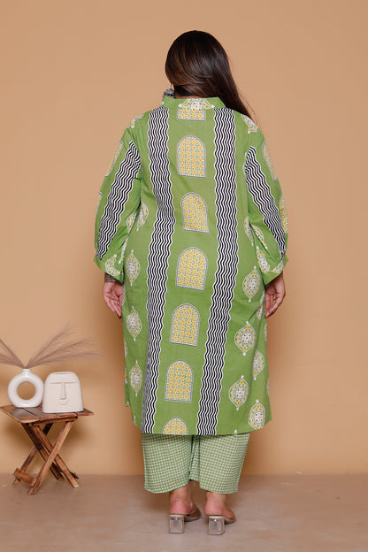 GEOMETRIC ARCH PRINT COTTON 3 PEICE KURTA PANT IN LEAF GREEN BY PLUSSIZEKURTI