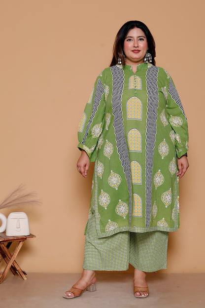 GEOMETRIC ARCH PRINT COTTON 3 PEICE KURTA PANT IN LEAF GREEN BY PLUSSIZEKURTI