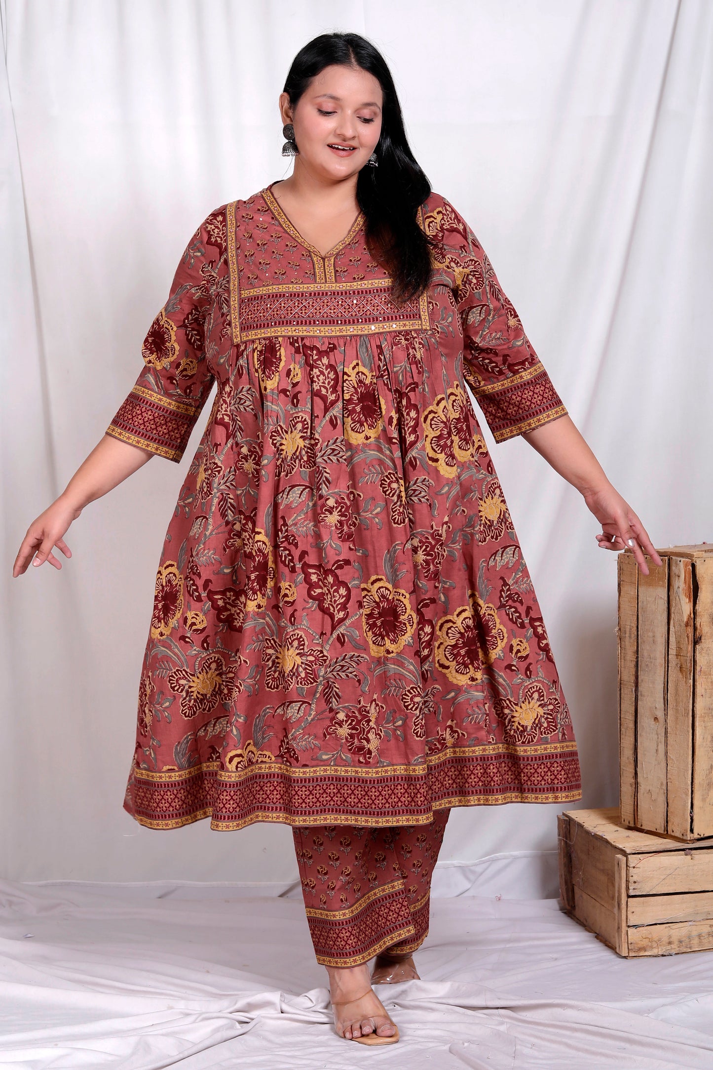 FLORAL BLOCK PRINT HAND TOUCHING COTTON 3 PEICE KURTA PANT IN RUSTY ROSE BY PLUSSIZEKURTI
