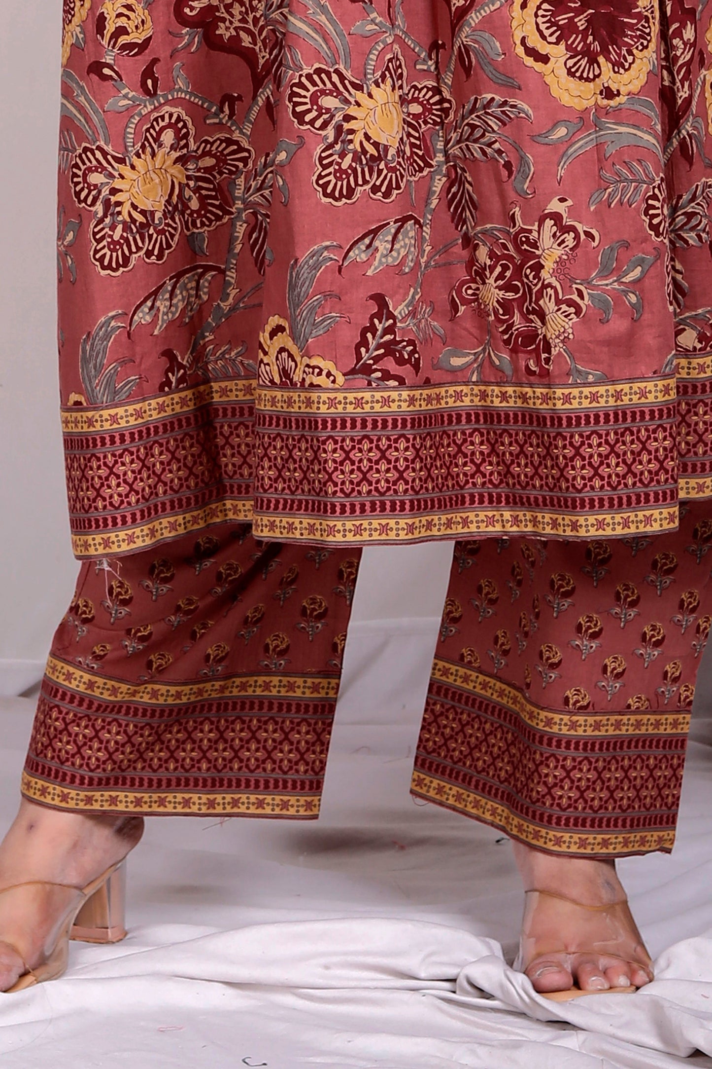 FLORAL BLOCK PRINT HAND TOUCHING COTTON 3 PEICE KURTA PANT IN RUSTY ROSE BY PLUSSIZEKURTI