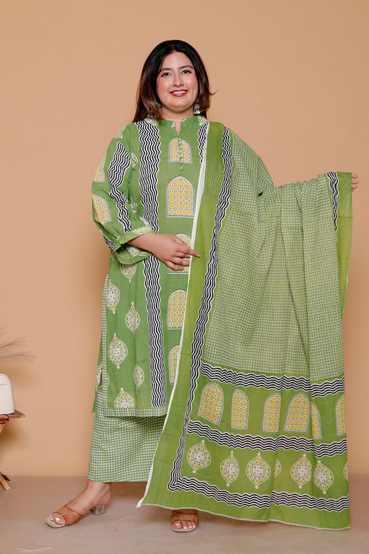 GEOMETRIC ARCH PRINT COTTON 3 PEICE KURTA PANT IN LEAF GREEN BY PLUSSIZEKURTI
