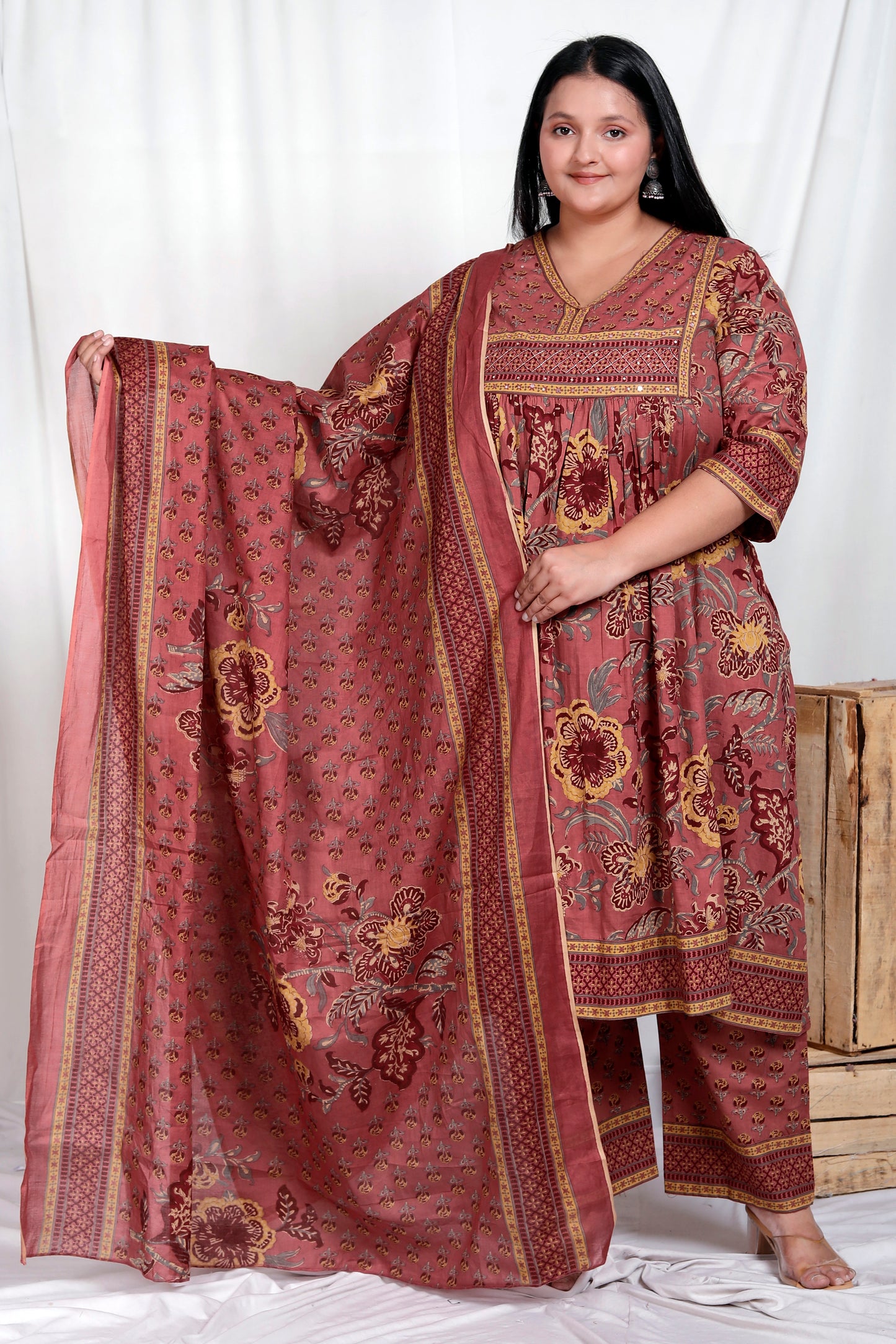 FLORAL BLOCK PRINT HAND TOUCHING COTTON 3 PEICE KURTA PANT IN RUSTY ROSE BY PLUSSIZEKURTI