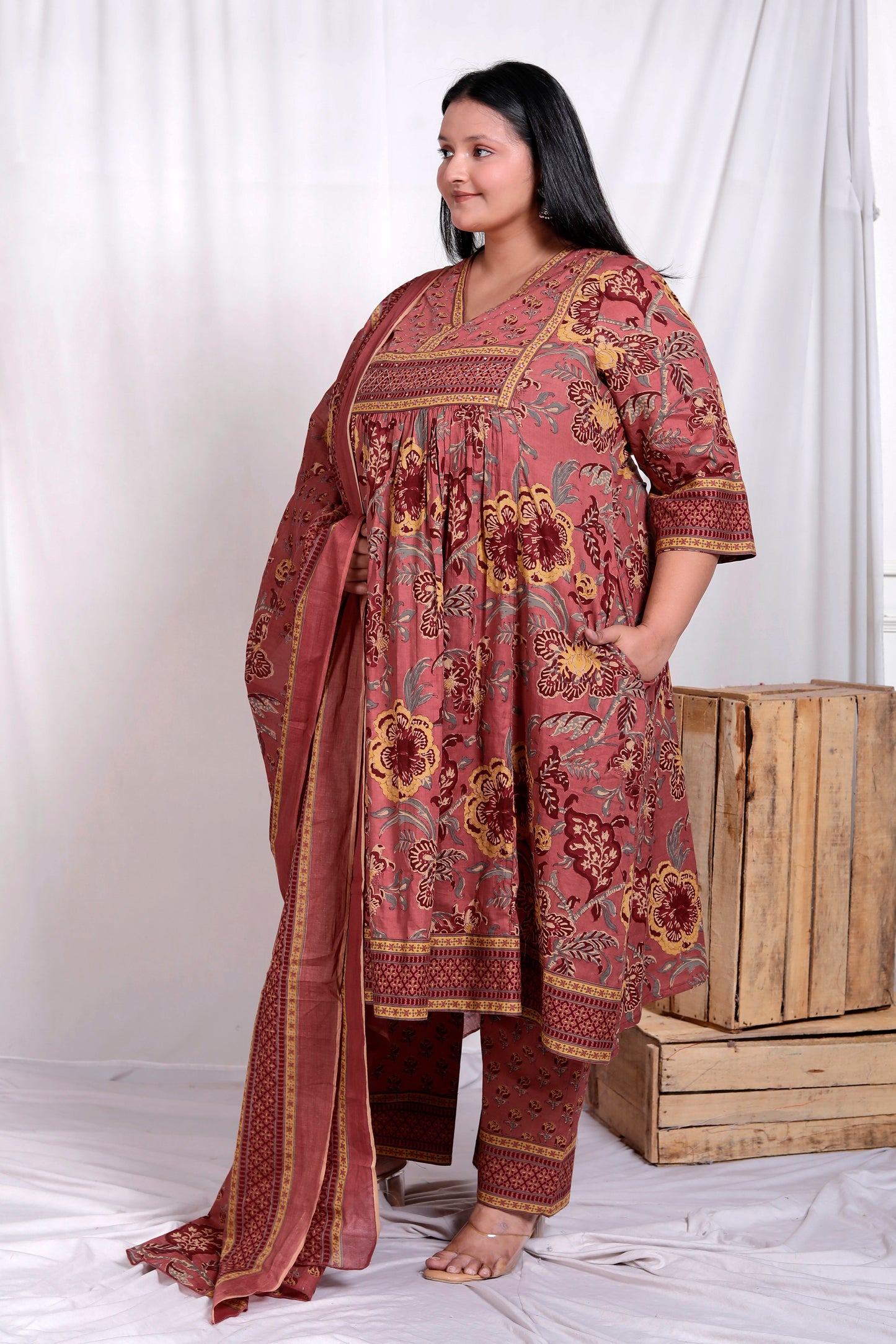 FLORAL BLOCK PRINT HAND TOUCHING COTTON 3 PEICE KURTA PANT IN RUSTY ROSE BY PLUSSIZEKURTI