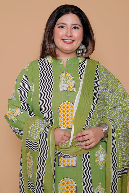 GEOMETRIC ARCH PRINT COTTON 3 PEICE KURTA PANT IN LEAF GREEN BY PLUSSIZEKURTI