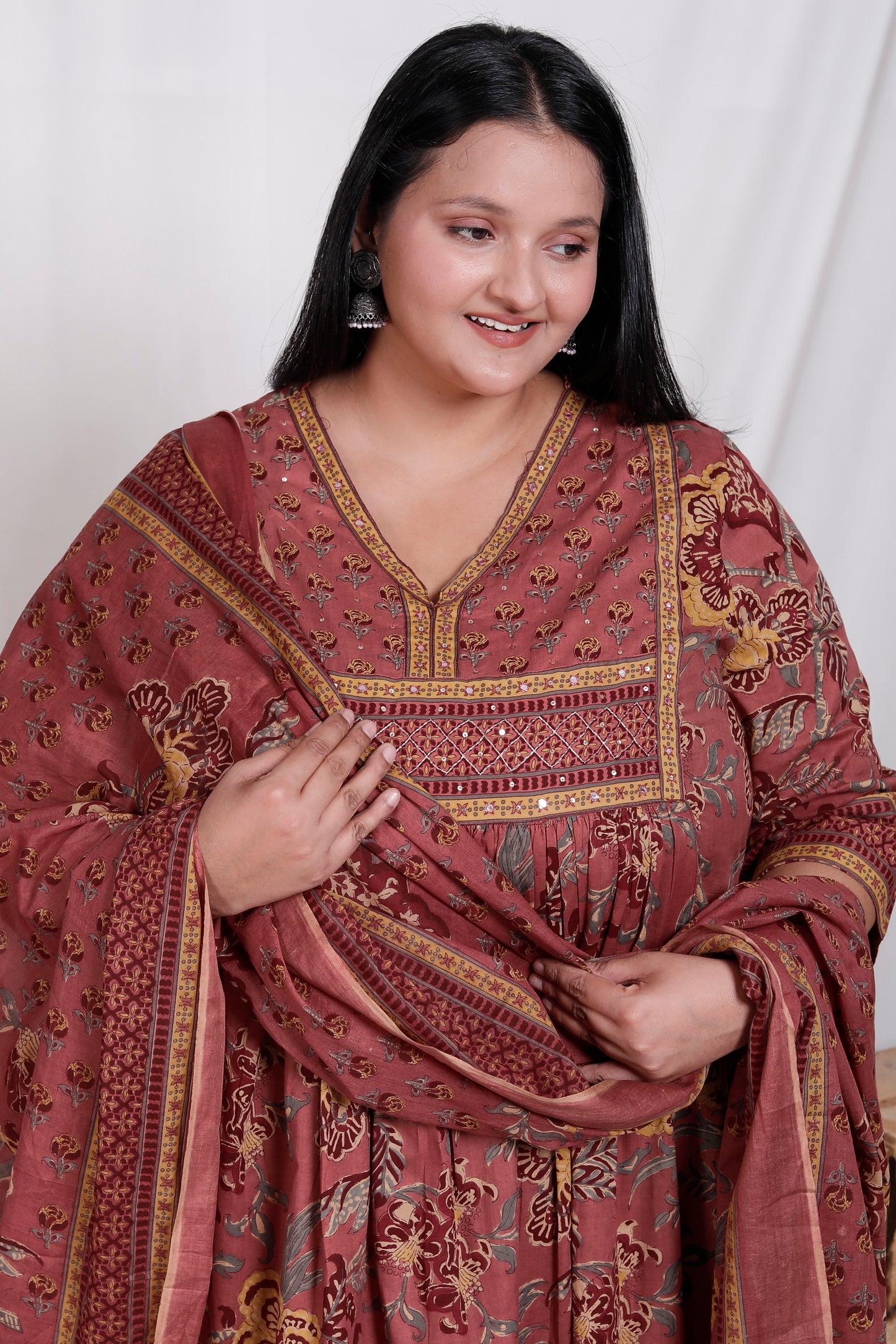 FLORAL BLOCK PRINT HAND TOUCHING COTTON 3 PEICE KURTA PANT IN RUSTY ROSE BY PLUSSIZEKURTI