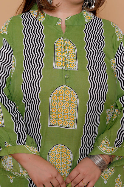 GEOMETRIC ARCH PRINT COTTON 3 PEICE KURTA PANT IN LEAF GREEN BY PLUSSIZEKURTI