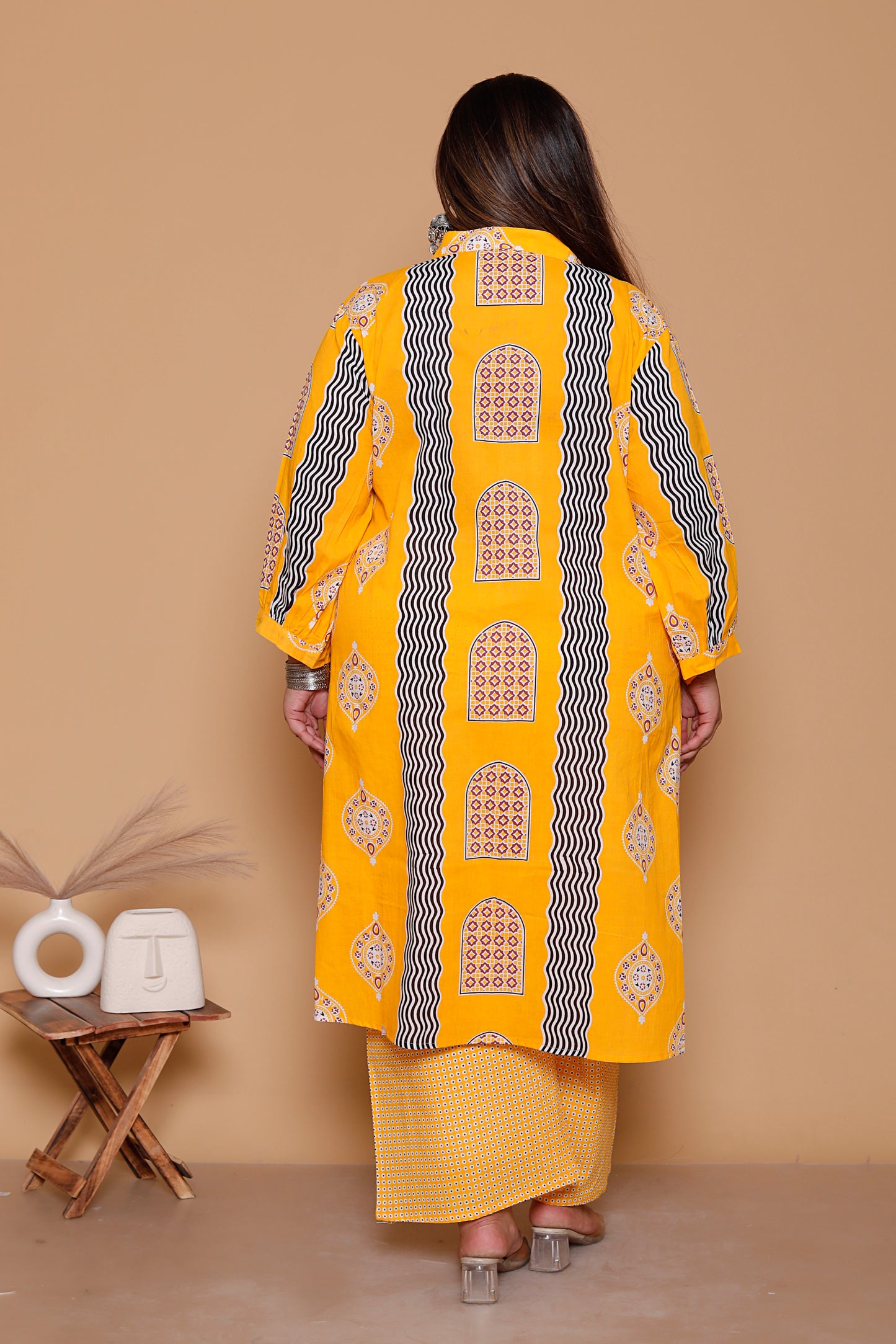 GEOMETRIC ARCH PRINT COTTON 3 PEICE KURTA PANT IN YELLOW BY PLUSSIZEKURTI