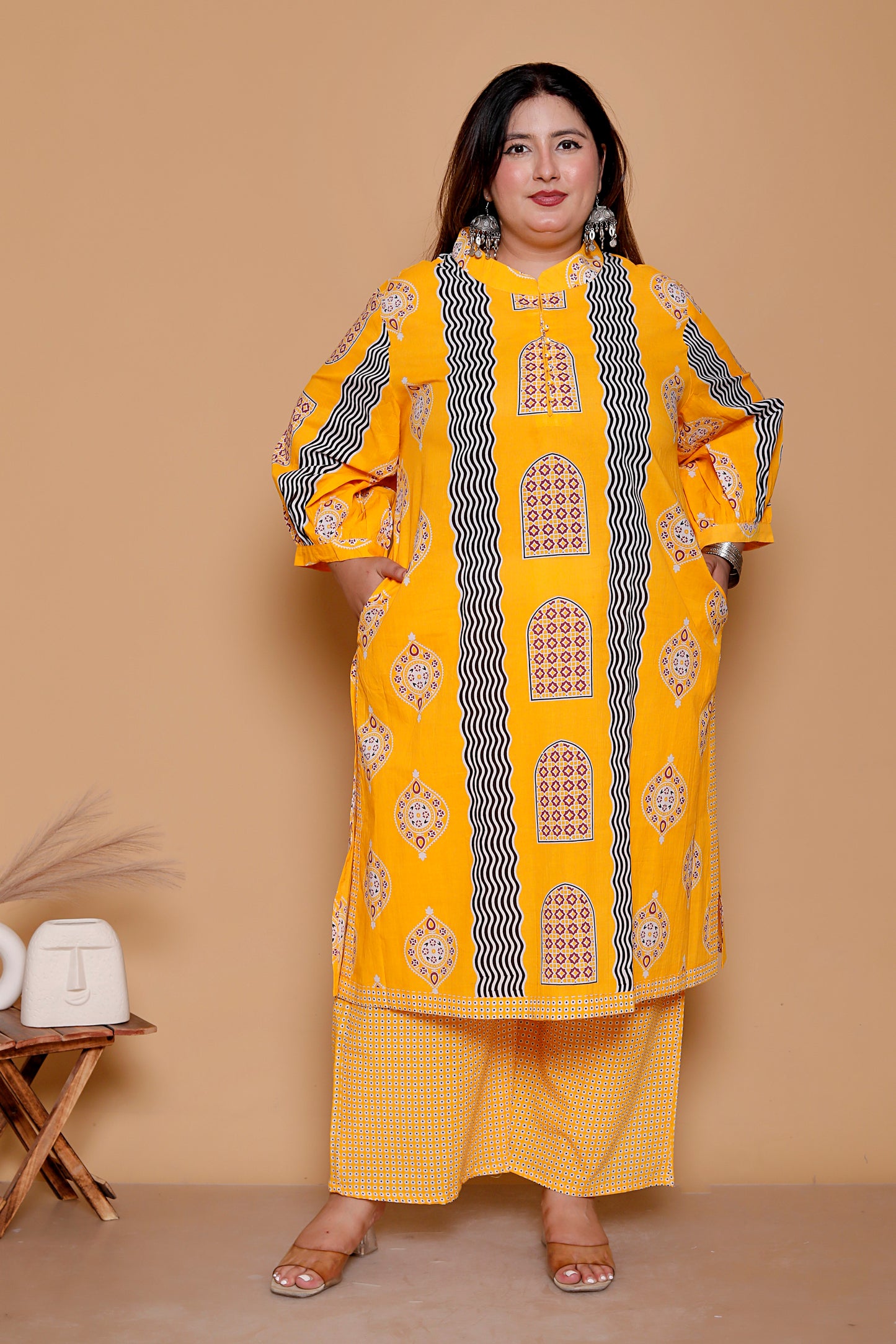GEOMETRIC ARCH PRINT COTTON 3 PEICE KURTA PANT IN YELLOW BY PLUSSIZEKURTI