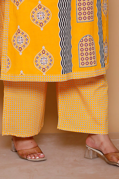 GEOMETRIC ARCH PRINT COTTON 3 PEICE KURTA PANT IN YELLOW BY PLUSSIZEKURTI