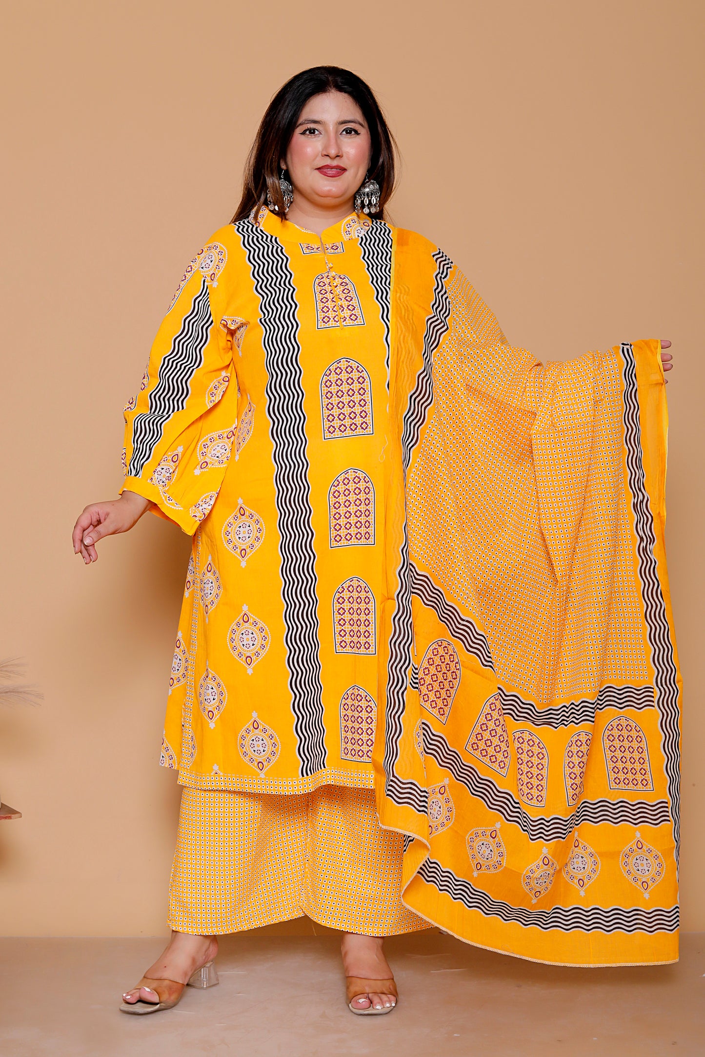 GEOMETRIC ARCH PRINT COTTON 3 PEICE KURTA PANT IN YELLOW BY PLUSSIZEKURTI