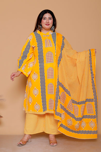 GEOMETRIC ARCH PRINT COTTON 3 PEICE KURTA PANT IN YELLOW BY PLUSSIZEKURTI